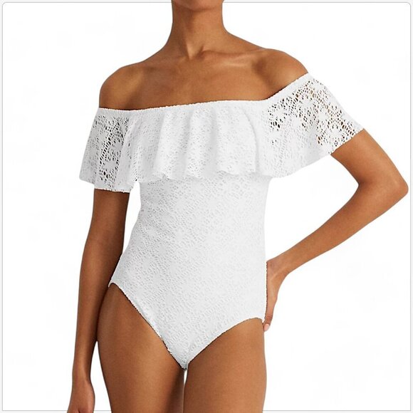 Ralph Lauren White Crocheted Lace Off-Shoulder Ruffle One-Piece Swimsuit NEW 10 - Picture 1 of 8